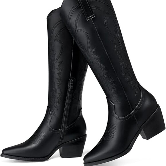 Shoes - Black Cowboy Boots for Women Knee High Pointed Toe Chunky Heel Wide Calf Booties